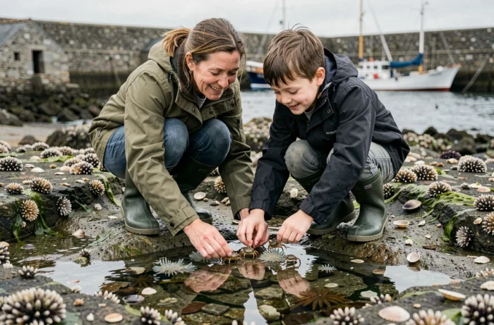 Femme et enfant observant des animaux marins dans une mare de rochers lors d'une découverte de la faune littorale bretonne