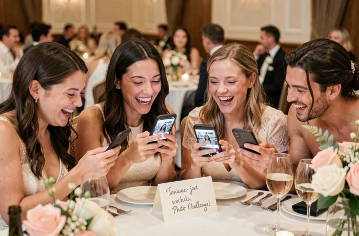 Groupe d'invités de mariage consultant leurs téléphones en riant après avoir réalisé un défi photo avec thème imposé à leur table