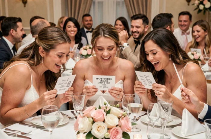 Invités de mariage découvrant avec amusement leurs cartes de défis secrets posées sur une table élégamment dressée