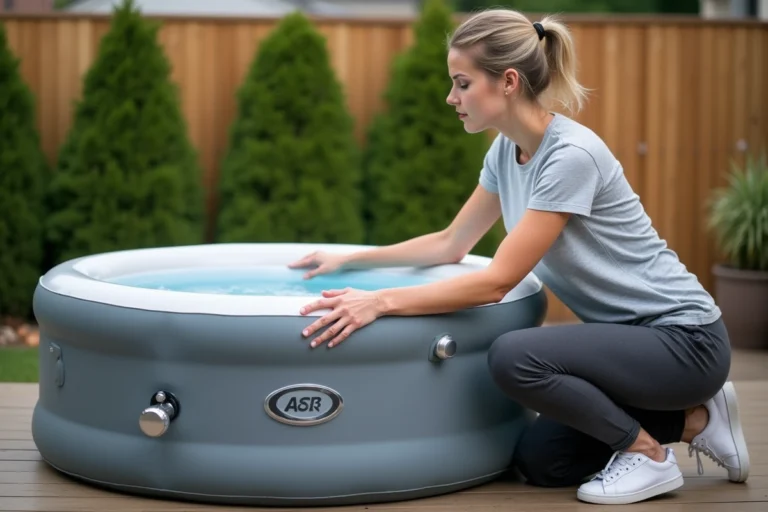 Femme dégonflant un spa gonflable MSPA sur une terrasse en bois en appuyant sur les bords pour expulser l'air