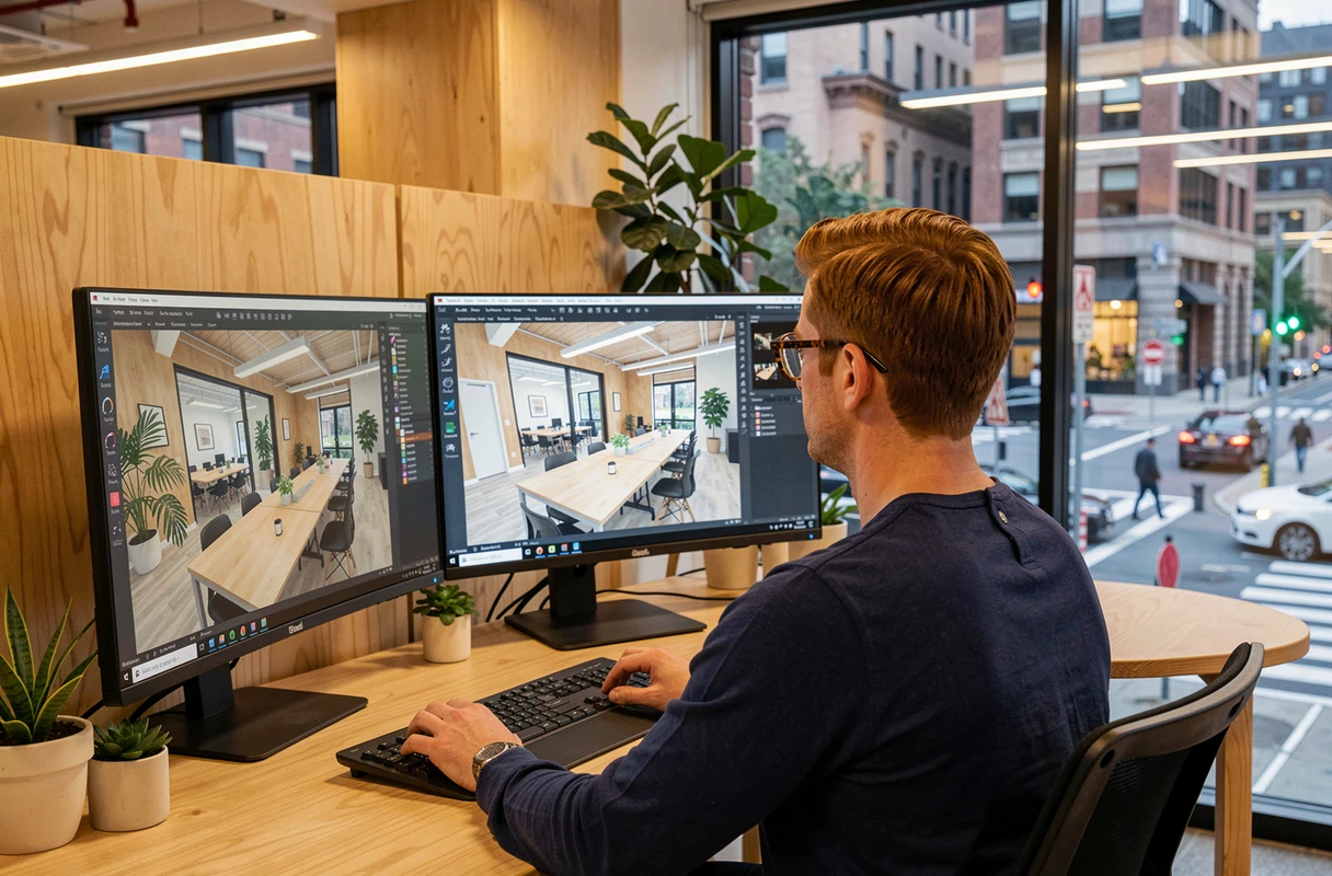 Designer masculin travaillant sur des rendus 3D architecturaux photoréalistes sur double écran en espace de coworking