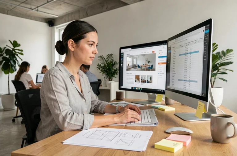 Designer web analysant des maquettes et un tableau de bord de budget pour une refonte de site internet dans un bureau moderne