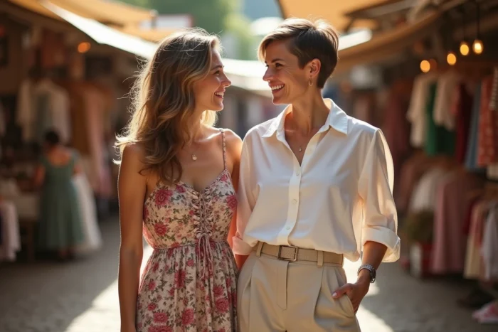Deux femmes aux coiffures tendance riant dans un marché en plein air, conseils mode et style féminin toutes générations