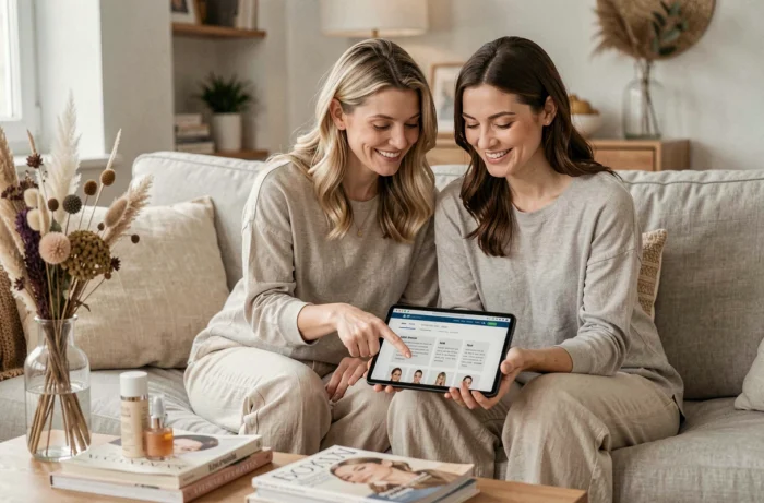 Deux femmes explorant ensemble le sitemap d'un site beauté sur une tablette dans un salon cosy