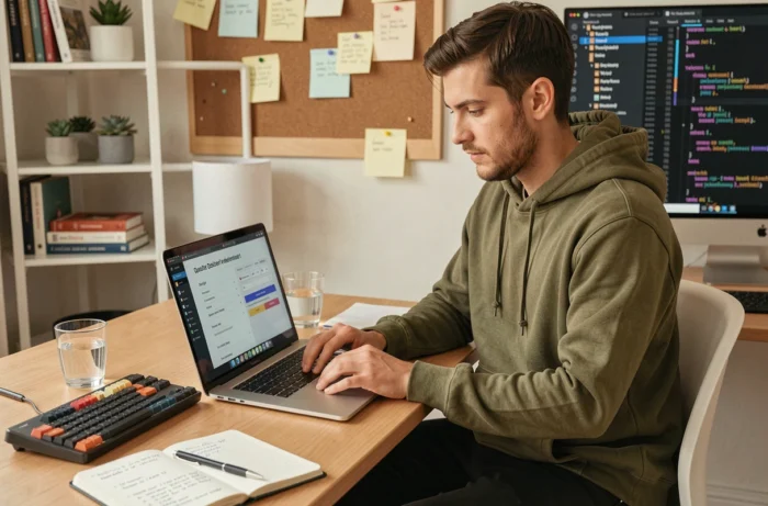 Développeur web freelance calculant un devis détaillé pour une refonte de site internet depuis son bureau à domicile