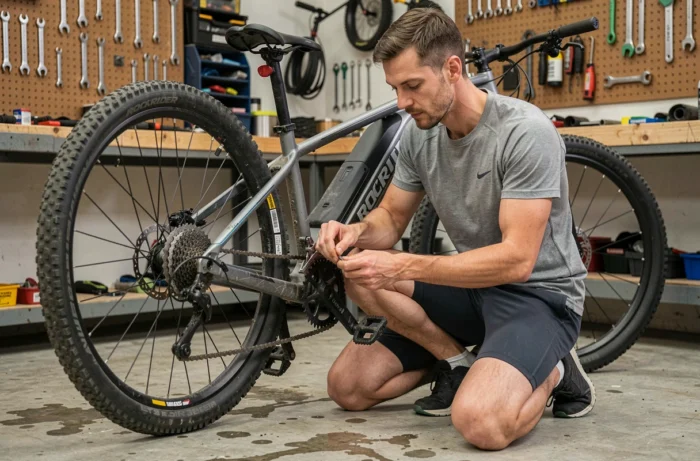 Cycliste diagnostiquant une panne sur un vélo électrique Rockrider E-ST 100 dans un atelier garage