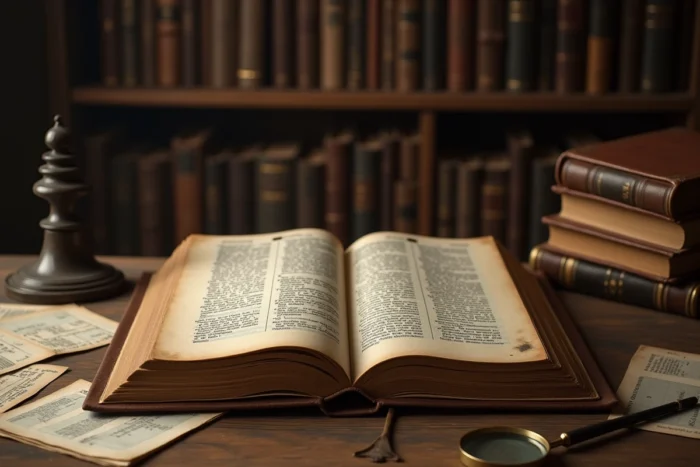 Vieux dictionnaire français du début du XXe siècle ouvert sur un bureau en bois avec annotations manuscrites et loupe, illustration de l'étymologie des mots