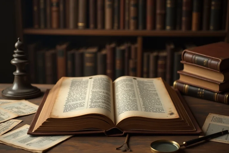 Vieux dictionnaire français du début du XXe siècle ouvert sur un bureau en bois avec annotations manuscrites et loupe, illustration de l'étymologie des mots
