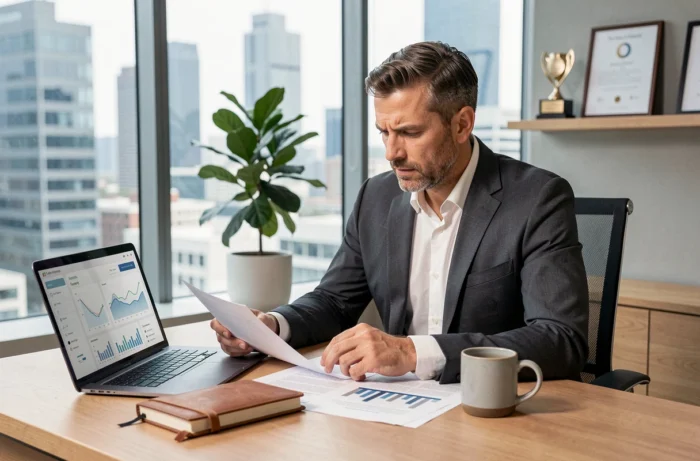 Dirigeant d'entreprise analysant des tableaux de bord et des rapports financiers dans un bureau avec vue urbaine