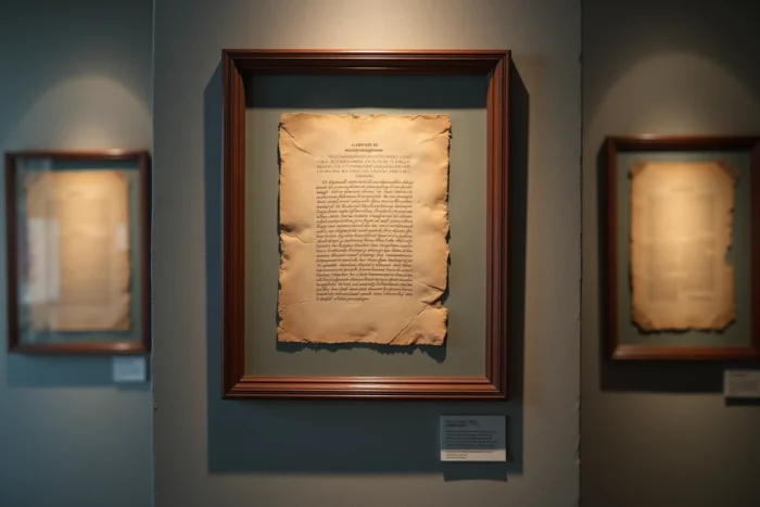 Document colonial français encadré exposé dans un musée d'histoire culturelle, illustrant l'étude des mots à charge historique et raciste dans la langue française