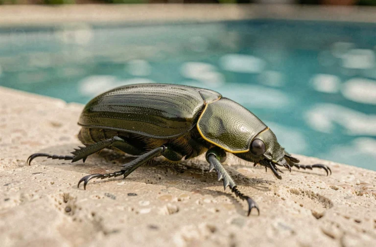 Dytique marginé posé au bord d'une piscine privée, gros plan macro sur l'insecte aquatique prédateur