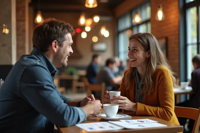 Deux personnes pratiquant l'échange de langues en face à face dans un café avec des fiches de vocabulaire