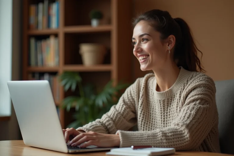 Jeune femme souriant lors d'un échange linguistique en vidéo sur Lingoo depuis son appartement