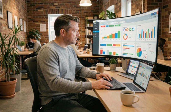 Entrepreneur analysant des données et indicateurs marketing sur ordinateur dans un espace de coworking