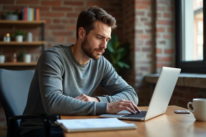 Entrepreneur concentré travaillant sur un tableau de bord analytique depuis son bureau à domicile