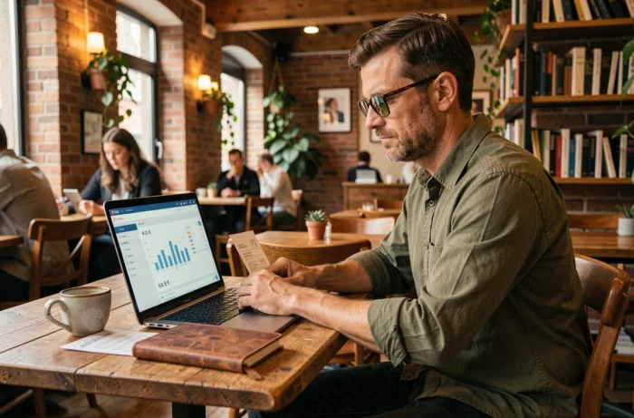 Entrepreneur indépendant gérant sa comptabilité en euros sur ordinateur portable dans un café, avec tableau de bord financier visible