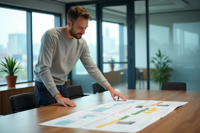 Entrepreneur présentant une feuille de route stratégique lors d'une réunion d'affaires dans un incubateur de startups