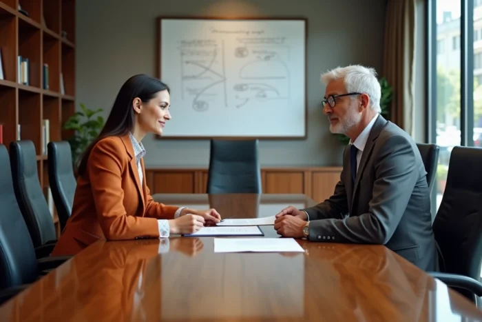 Deux entrepreneurs signant un accord commercial dans un bureau professionnel élégant