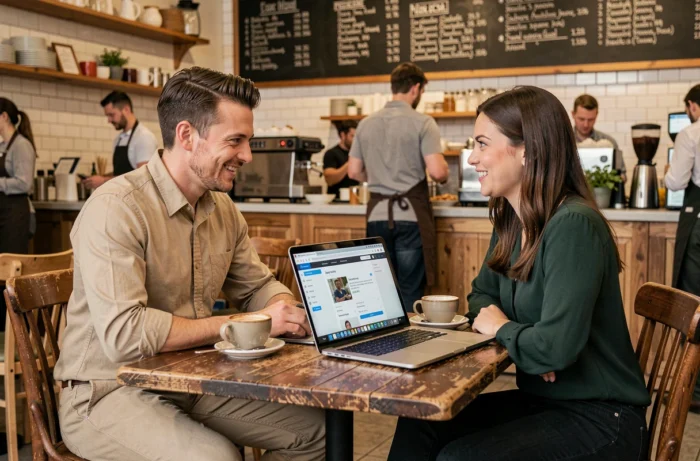Deux jeunes entrepreneurs collaborant sur des ressources en ligne pour développer leur activité dans un café urbain