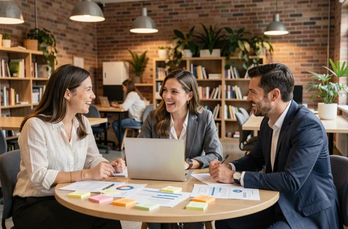 Équipe de professionnels en séance de brainstorming autour d'une table dans un espace de coworking moderne