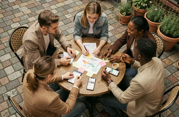 Petite équipe de jeunes entrepreneurs collaborant sur une stratégie marketing pour une PME en terrasse urbaine