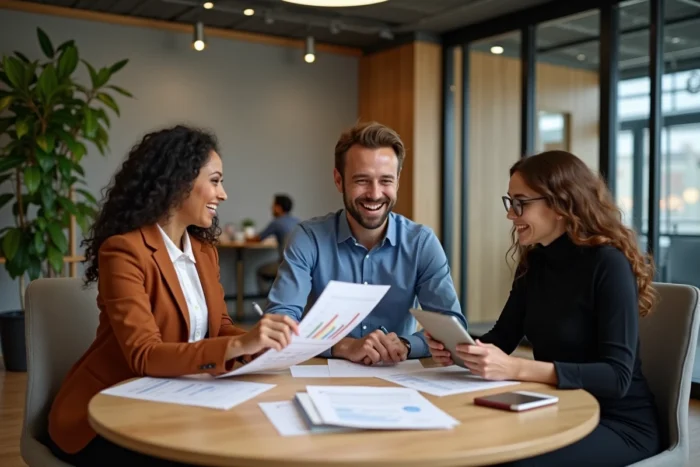 Équipe de professionnels collaborant autour de rapports de croissance dans un espace de coworking moderne