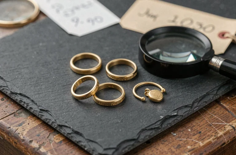 Bagues et pendentif en or 9 carats posés sur une ardoise sombre avec une loupe de bijoutier lors d'une estimation de prix