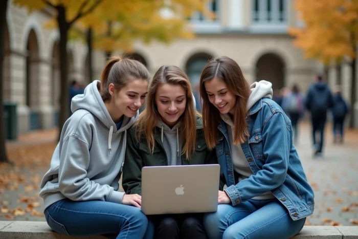 Groupe d'étudiants réunis en extérieur sur le campus de Clermont-Ferrand pour résoudre ensemble un problème de messagerie académique