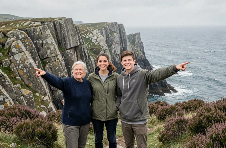 Famille multigénérationnelle explorant les falaises de granite en Bretagne lors d'une sortie en plein air