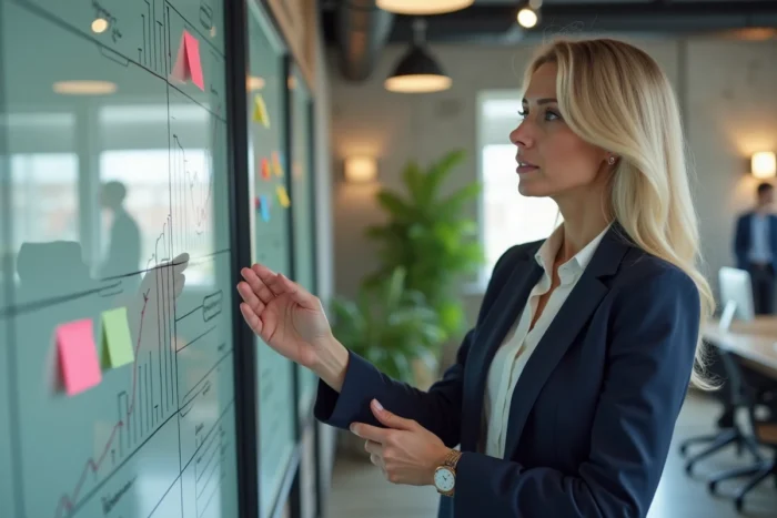 Femme d'affaires professionnelle analysant une stratégie de croissance sur un tableau blanc dans un bureau moderne