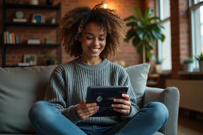 Femme consultant une application de trading crypto sur tablette dans un appartement urbain