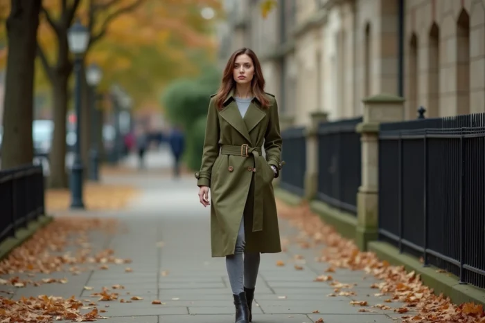 Femme déterminée marchant dans une rue urbaine en automne, représentant la force de caractère et l'assurance féminine