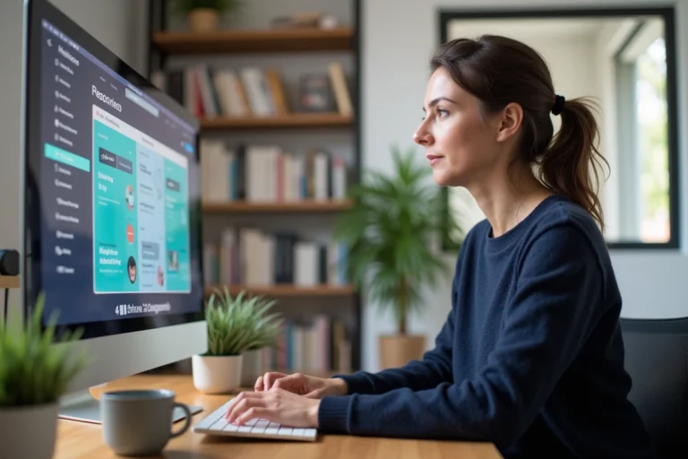 Femme travaillant sur un site web dans un bureau moderne et bien rangé, illustrant les services numériques et ressources en ligne