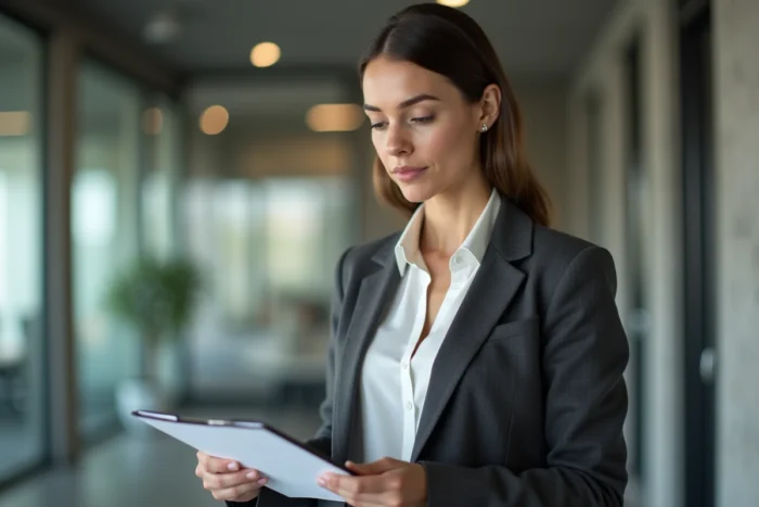 Femme sûre d'elle en blazer gris dans un bureau moderne, illustrant les qualités d'une femme de caractère au travail
