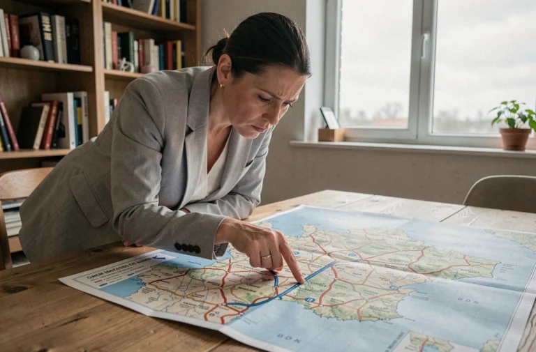 Femme consultant une carte routière papier des autoroutes de France étalée sur une table en bois