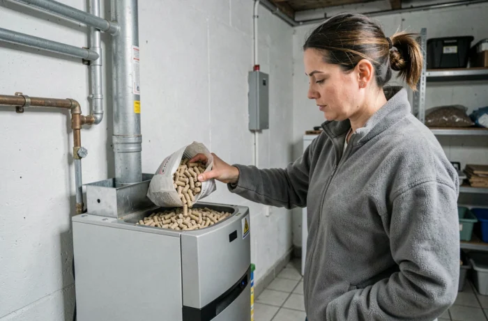 Femme chargeant des granulés Piveteau dans une chaudière à pellets dans une chaufferie domestique