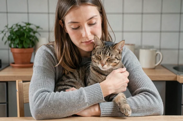 Jeune femme tenant affectueusement un chat tigré dans ses bras dans une cuisine moderne