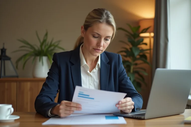 Femme professionnelle comparant des taux d'intérêt bancaires sur des documents dans un bureau à domicile moderne