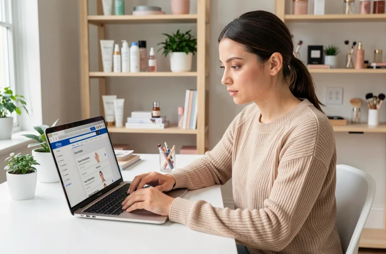 Femme consultant la page sitemap d'un site beauté sur son ordinateur portable dans un bureau minimaliste