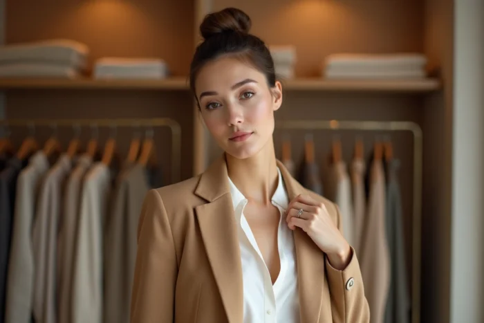 Femme élégante avec chignon et blazer camel dans une boutique parisienne minimaliste, conseils mode automne