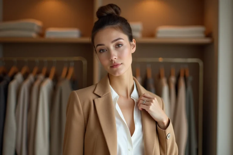 Femme élégante avec chignon et blazer camel dans une boutique parisienne minimaliste, conseils mode automne