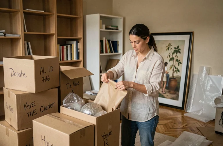 Femme préparant ses affaires décoratives dans des cartons lors d'un déménagement organisé
