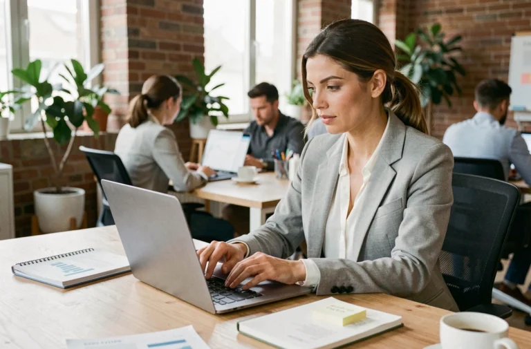 Femme entrepreneureuse consultant des ressources en ligne pour la croissance de son entreprise dans un espace de coworking moderne