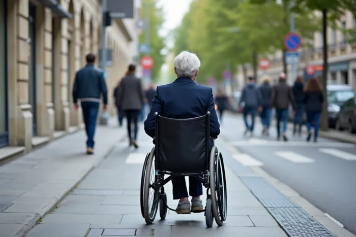 Femme en fauteuil roulant naviguant sur un trottoir accessible avec bande podotactile en centre-ville français
