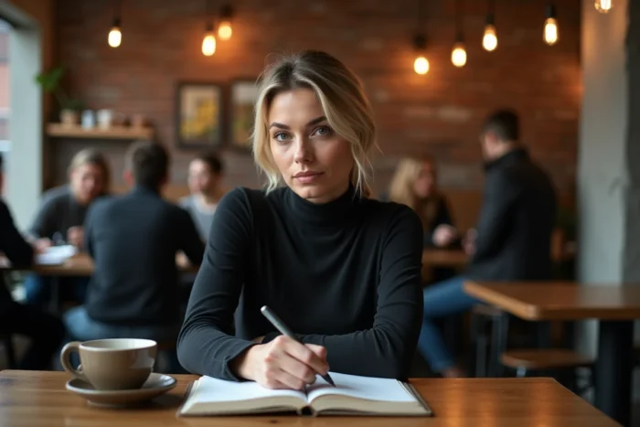 Femme déterminée prenant des notes dans un café chaleureux, symbole de caractère et d'indépendance au quotidien