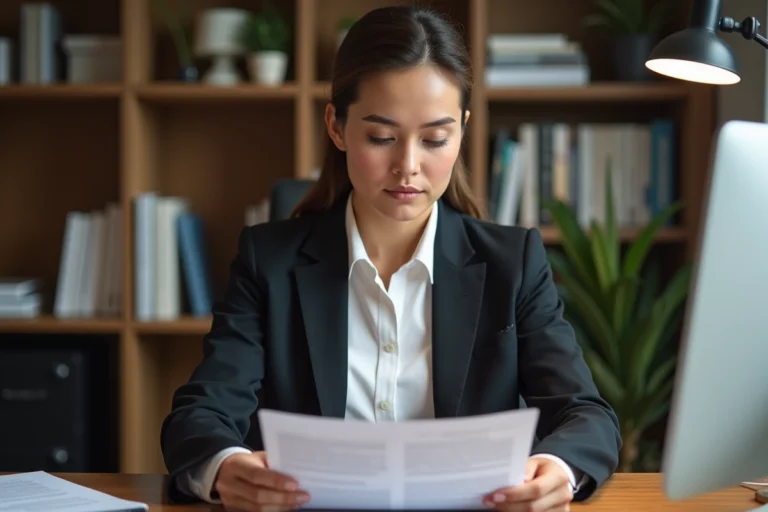 Femme professionnelle examinant un modèle de lettre de garant pour un bail international à son bureau