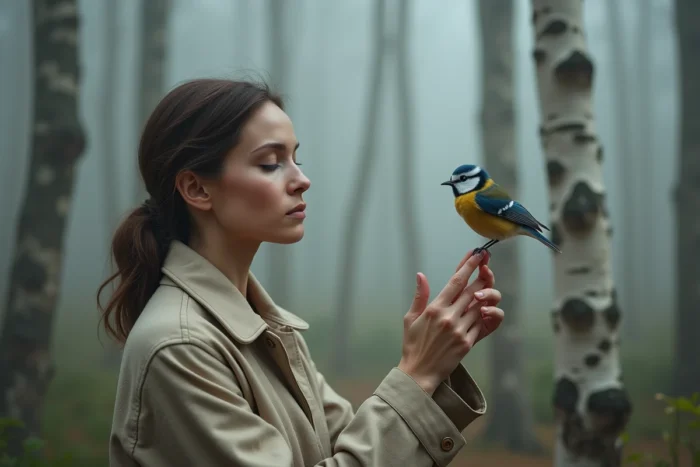 Femme tenant une mésange bleue sur son doigt dans une forêt brumeuse, symbolisant la connexion spirituelle et l'éveil intérieur