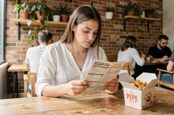 Jeune femme consultant les informations nutritionnelles du Pepe Chicken dans un café urbain