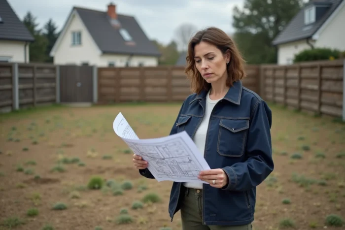 Femme consultant un plan cadastral debout sur une parcelle de terrain de 600 mètres carrés en milieu résidentiel