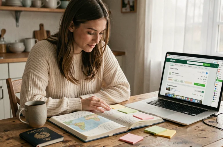 Femme planifiant un voyage sur mesure avec un journal de voyage, des cartes et un ordinateur portable sur une table en bois